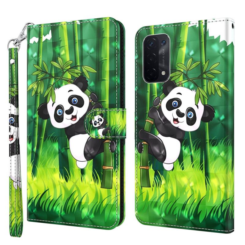 Flip Cover Oppo A54 5G / A74 5G Med Snor Panda Og Bambus Med Snor