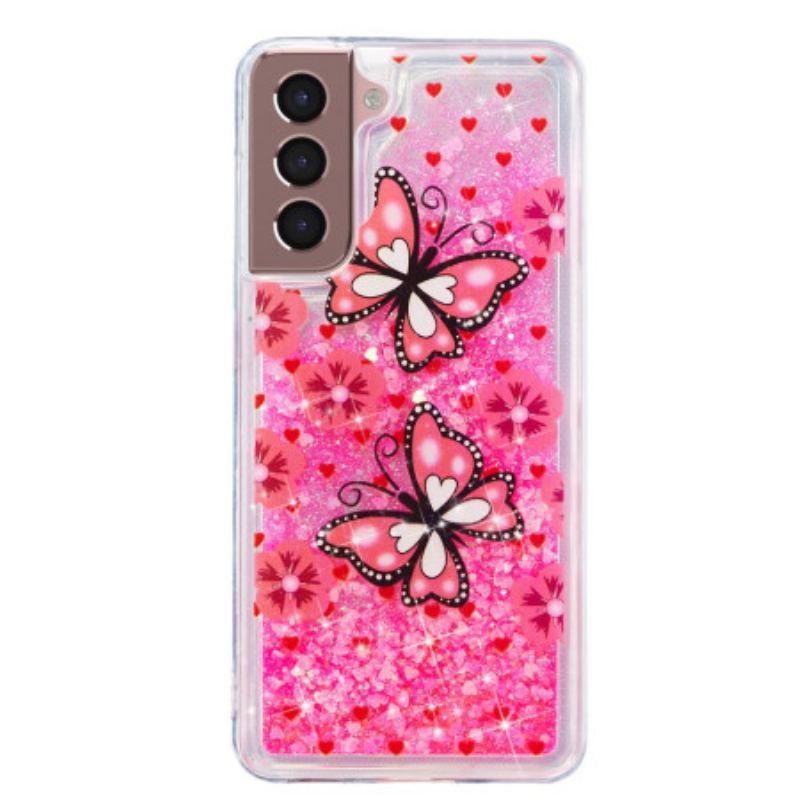 Cover Samsung Galaxy S24 Plus 5g Røde Sommerfugle Flydende Glitter