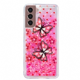 Cover Samsung Galaxy S24 Plus 5g Røde Sommerfugle Flydende Glitter