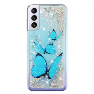 Cover Samsung Galaxy S24 Plus 5g Telefon Etui Blå Sommerfugle Flydende Glitter