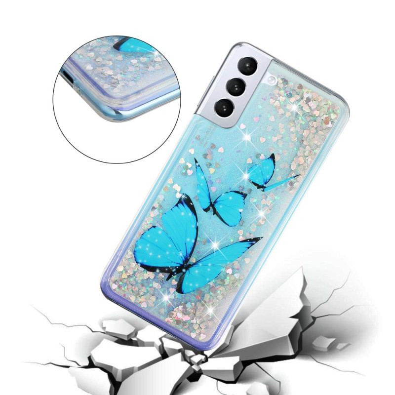 Cover Samsung Galaxy S24 Plus 5g Telefon Etui Blå Sommerfugle Flydende Glitter