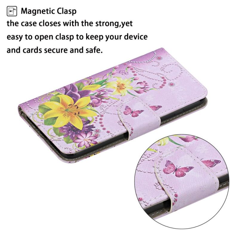 Flip Cover Samsung Galaxy S24 Plus 5g Gule Blomster Og Sommerfugle I Lanière