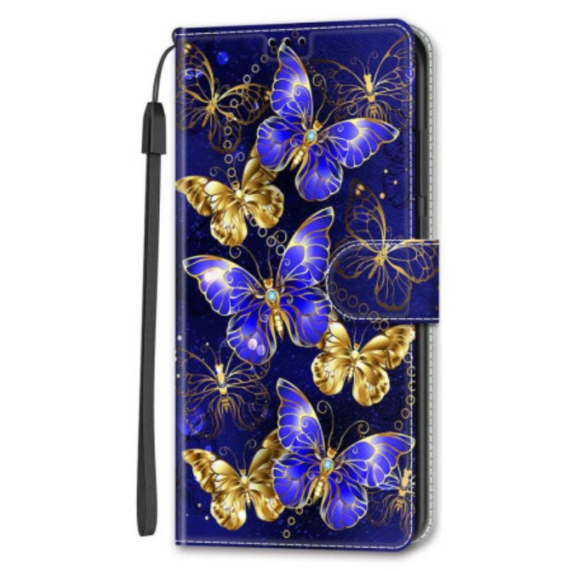 Flip Cover Til Samsung Galaxy S24 Plus 5g Guld Og Lilla Sommerfugle Med Rem