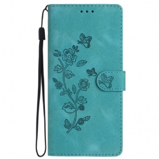 Flip Cover Til Samsung Galaxy S24 Plus 5g Trykte Blomster Og Snor