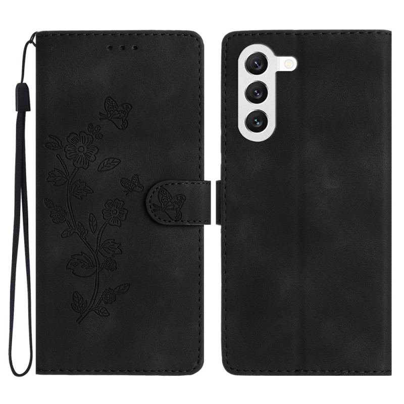 Flip Cover Til Samsung Galaxy S24 Plus 5g Trykte Blomster Og Snor