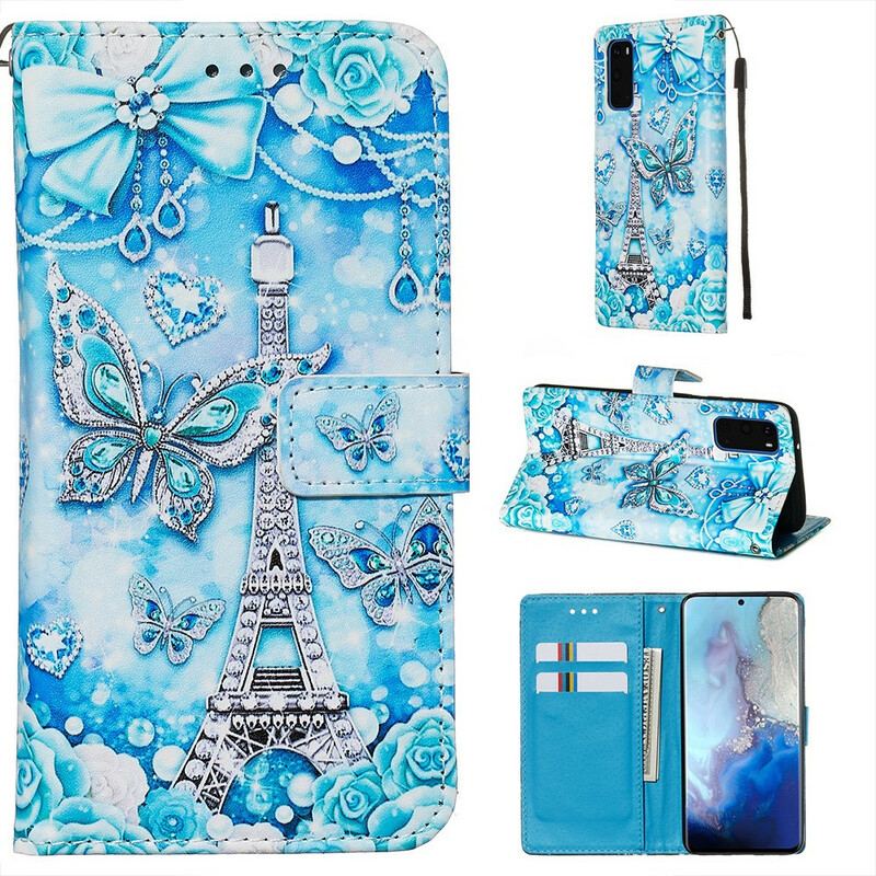 Flip Cover Samsung Galaxy S20 Med Snor Eiffeltårnets Sommerfuglestrop