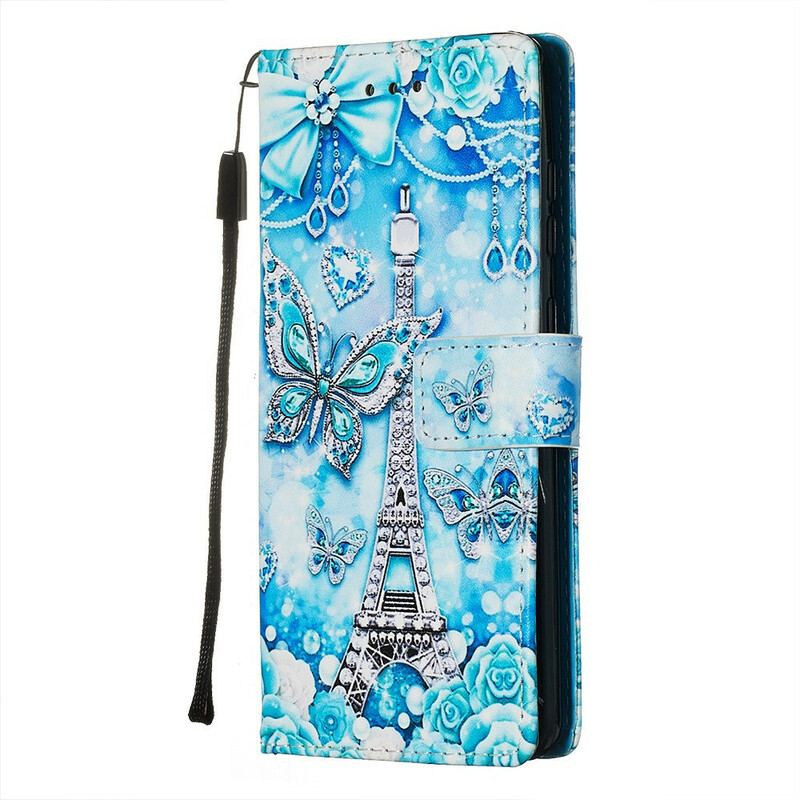Flip Cover Samsung Galaxy S20 Med Snor Eiffeltårnets Sommerfuglestrop