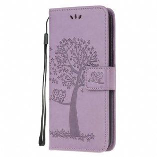 Flip Cover Samsung Galaxy S20 Med Snor Thong Træ Og Ugler