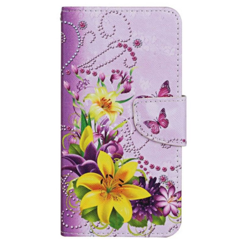 Flip Cover Xiaomi Redmi Note 13 Pro 4g Gule Blomster Og Sommerfugle Med Rem