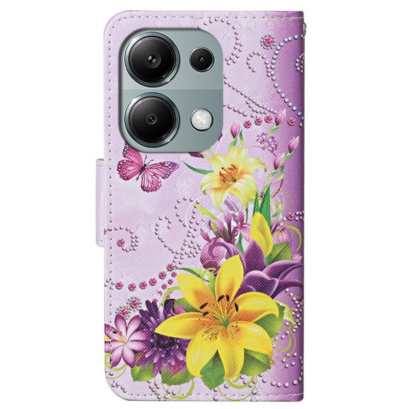 Flip Cover Xiaomi Redmi Note 13 Pro 4g Gule Blomster Og Sommerfugle Med Rem