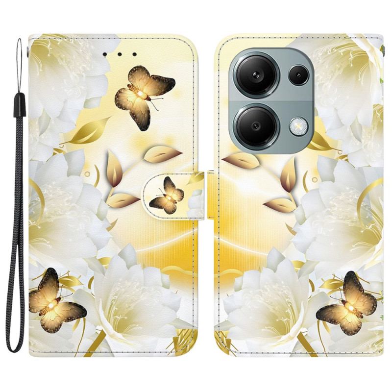 Læder Cover Xiaomi Redmi Note 13 Pro 4g Telefon Etui Gyldne Sommerfugle Og Hvide Blomster Med Rem