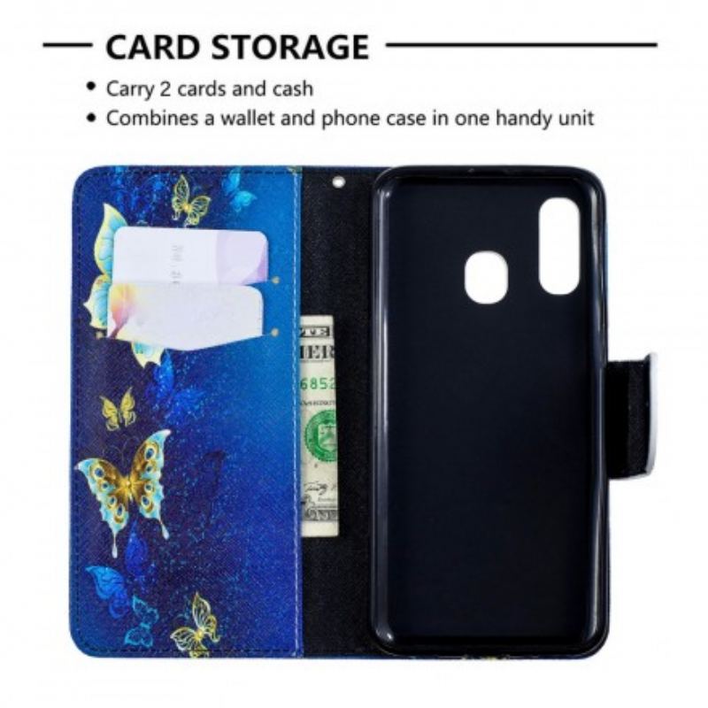 Læder Cover Samsung Galaxy A40 Gyldne Sommerfugle