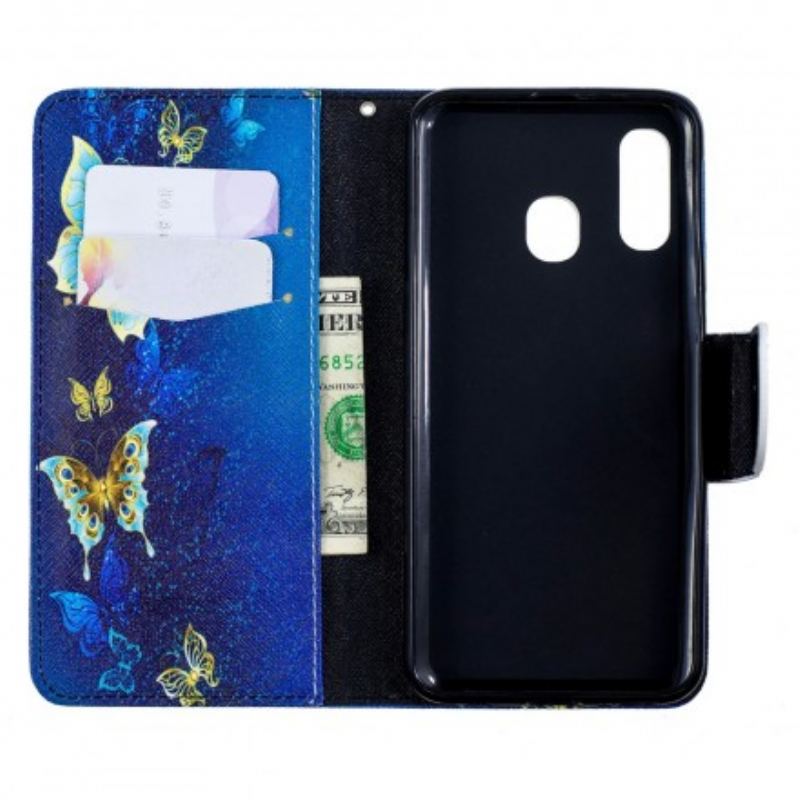 Læder Cover Samsung Galaxy A40 Gyldne Sommerfugle