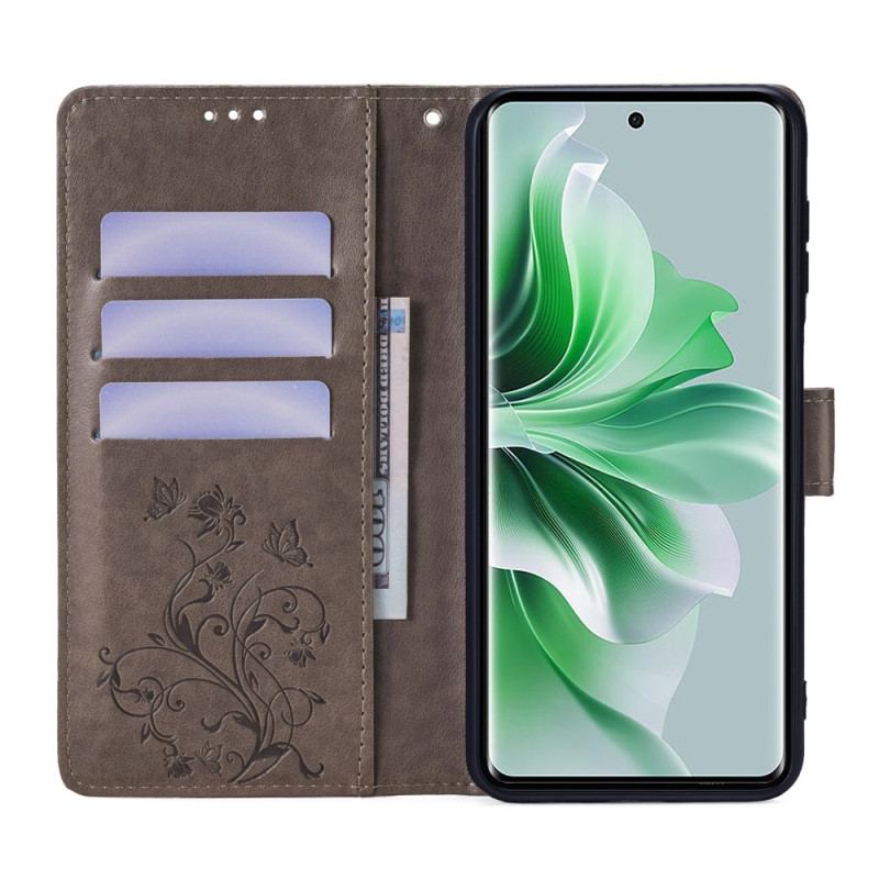 Læder Cover Oppo Reno 11 5g Telefon Etui Sommerfugle Og Blomster Med Rem