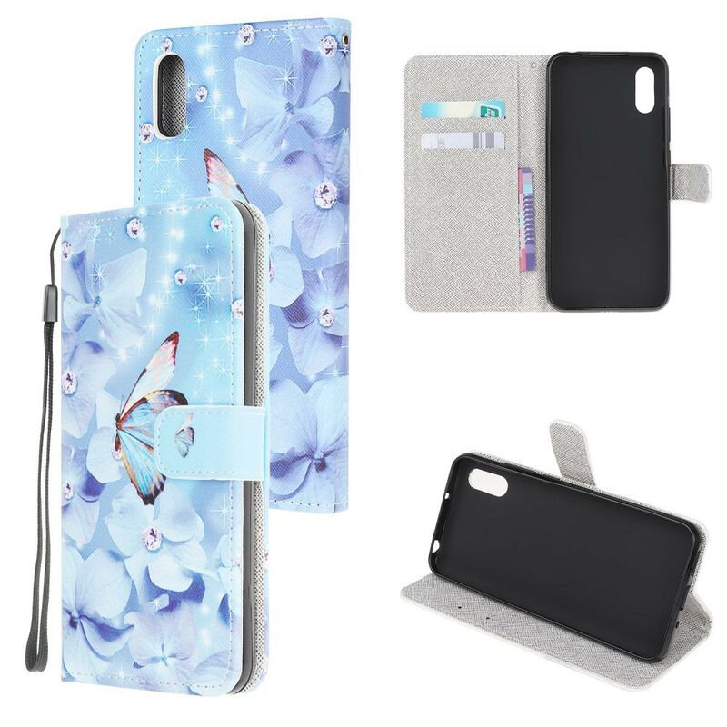 Flip Cover Xiaomi Redmi 9A Med Snor Strappy Diamond Sommerfugle