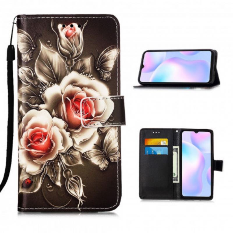 Læder Cover Xiaomi Redmi 9A Med Snor Sort Rose Med Rem