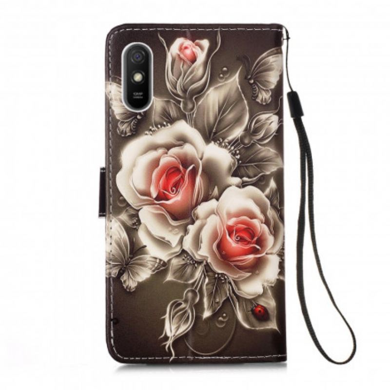 Læder Cover Xiaomi Redmi 9A Med Snor Sort Rose Med Rem