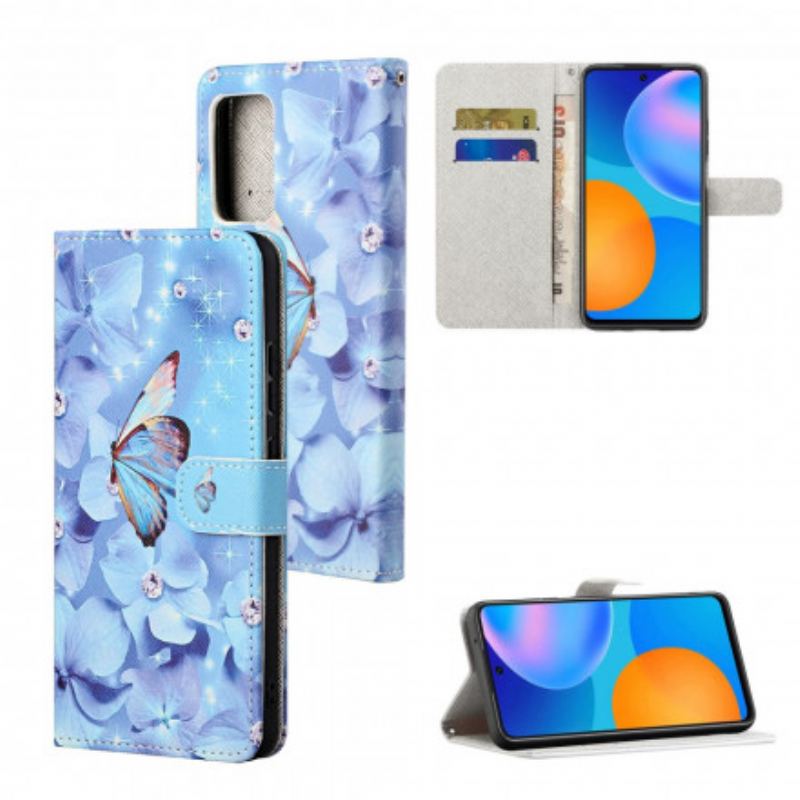 Flip Cover Xiaomi Redmi Note 10 Pro Med Snor Strappy Diamond Sommerfugle