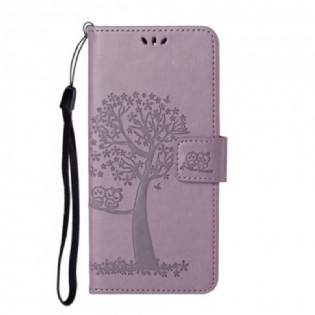 Flip Cover Xiaomi Redmi Note 10 Pro Med Snor Thong Træ Og Ugler