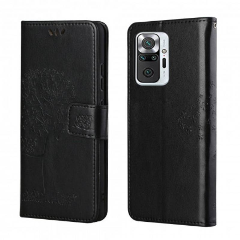 Flip Cover Xiaomi Redmi Note 10 Pro Med Snor Thong Træ Og Ugler