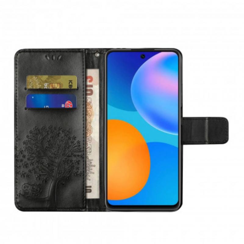 Flip Cover Xiaomi Redmi Note 10 Pro Med Snor Thong Træ Og Ugler