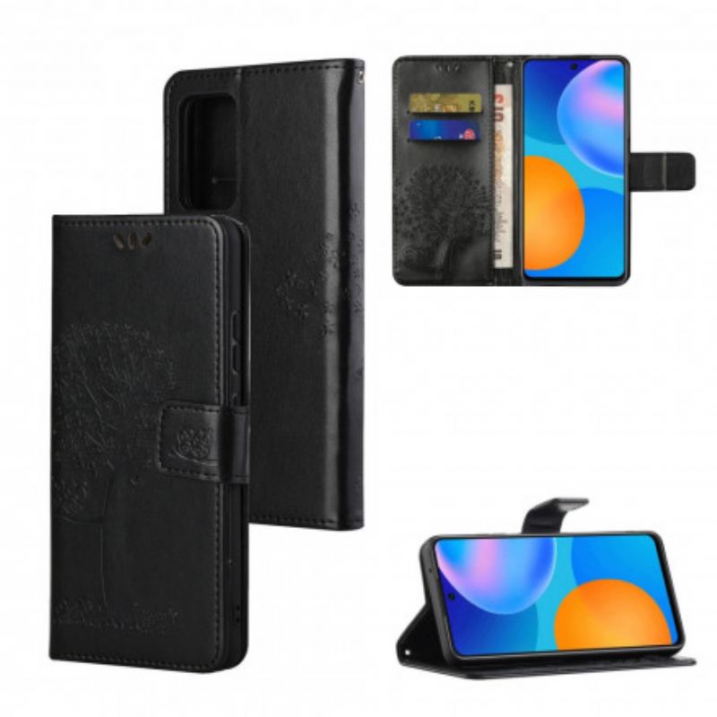 Flip Cover Xiaomi Redmi Note 10 Pro Med Snor Thong Træ Og Ugler