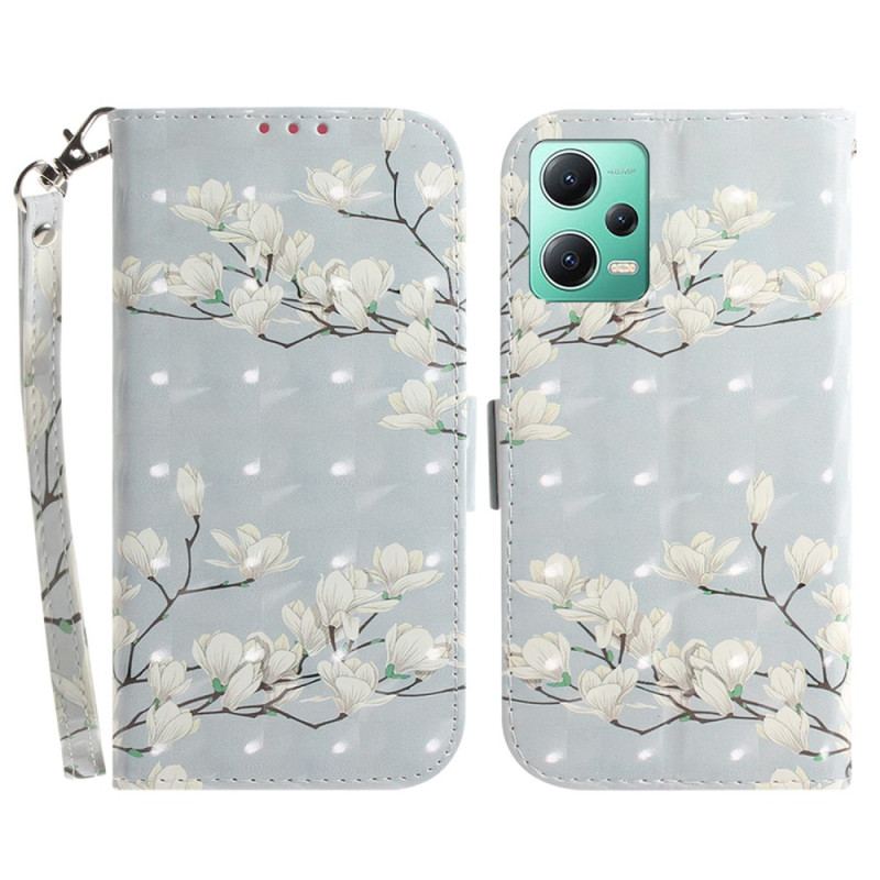 Flip Cover Poco X5 5G Med Snor Strappy Hvide Blomster