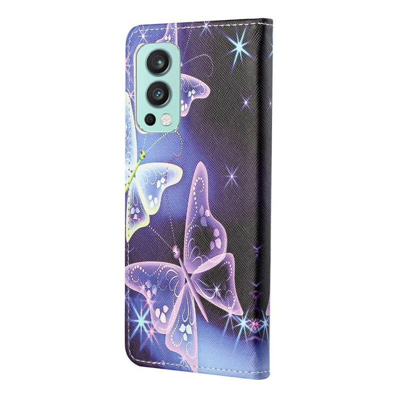 Læder Cover OnePlus Nord 2 5G Neon Sommerfugle