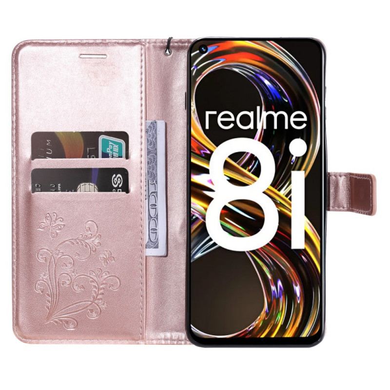 Læder Cover Realme 8i Med Snor Kæmpe Sommerfugle Med Rem