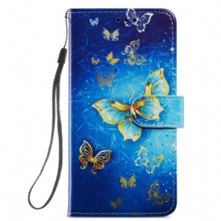 Flip Cover Samsung Galaxy A34 5G Med Snor Gyldne Sommerfugle Med Rem