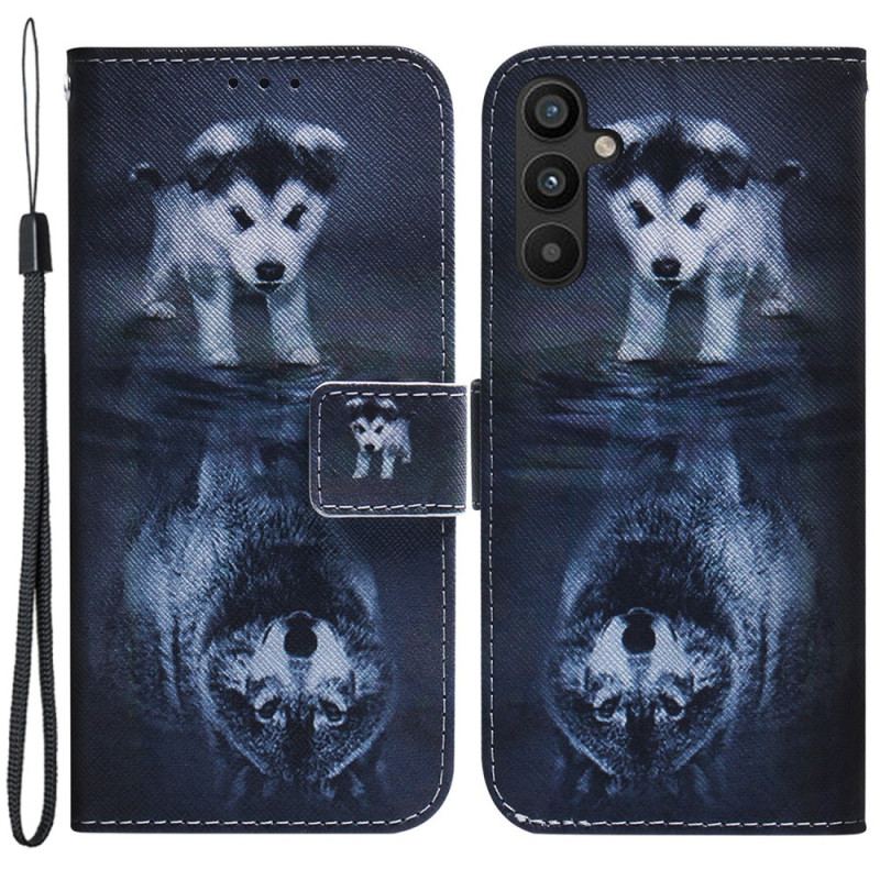 Flip Cover Samsung Galaxy A34 5G Med Snor Strappy Aquarel Wolf