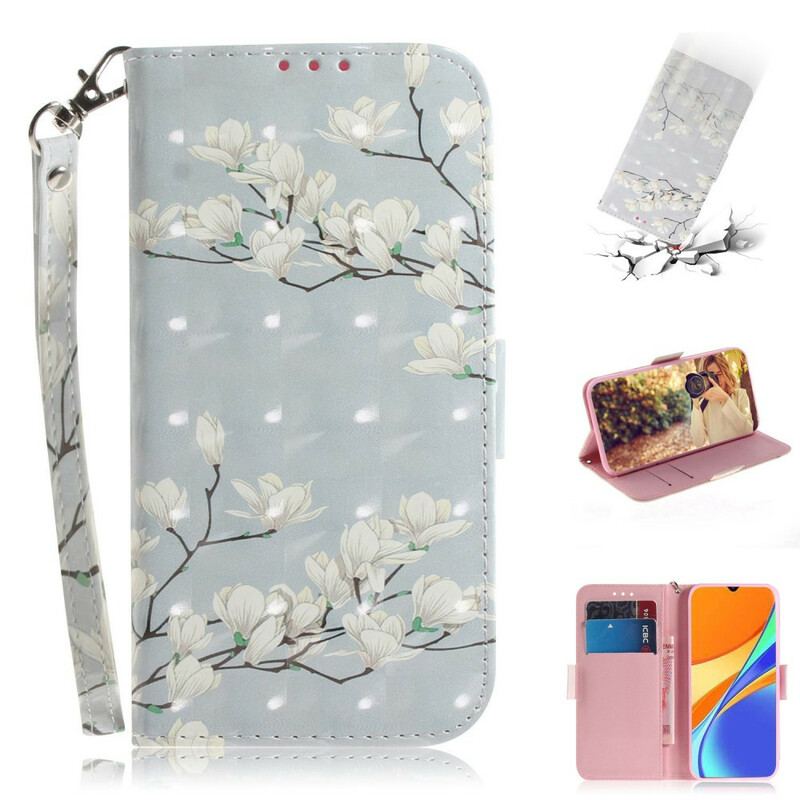 Læder Cover Xiaomi Redmi 9C Med Snor Blomstrende Gren Med Rem