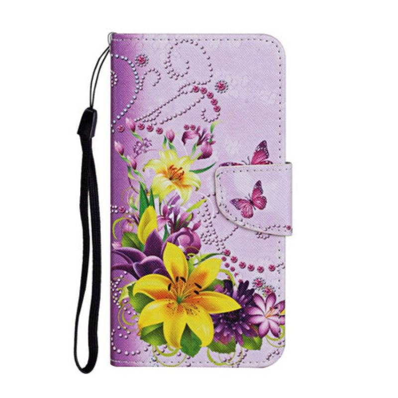 Læder Cover Xiaomi Redmi 9C Med Snor Southern Sommerfugle Og Blomster Thong