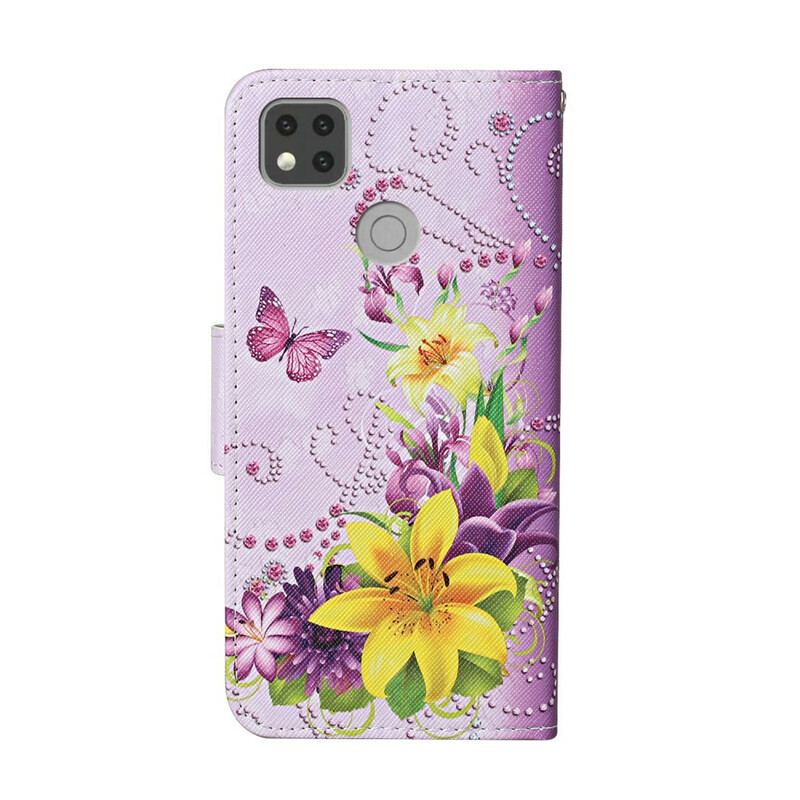 Læder Cover Xiaomi Redmi 9C Med Snor Southern Sommerfugle Og Blomster Thong