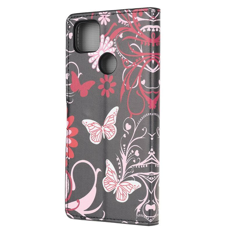 Læder Cover Xiaomi Redmi 9C Sommerfugle Og Blomster