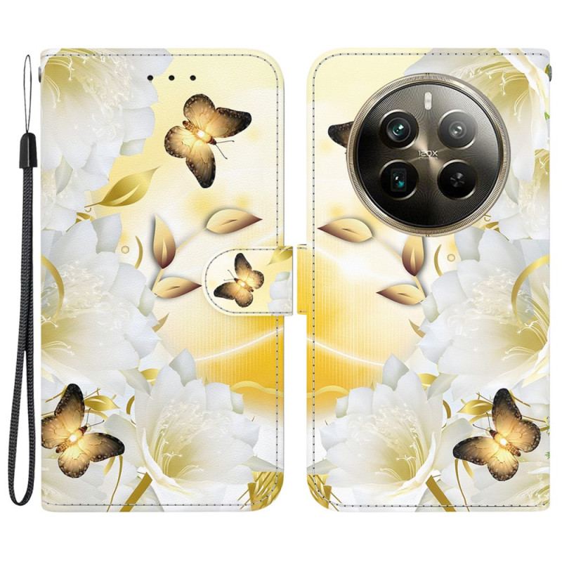 Flip Cover Realme 12 Pro / 12 Pro Plus Gyldne Sommerfugle Og Blomster Med Rem