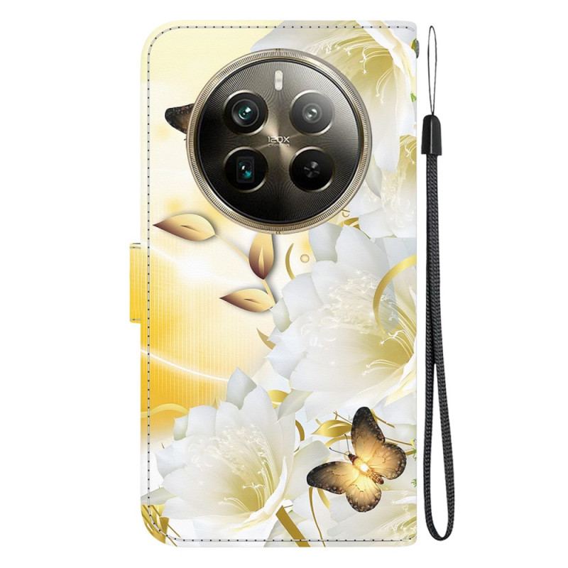 Flip Cover Realme 12 Pro / 12 Pro Plus Gyldne Sommerfugle Og Blomster Med Rem