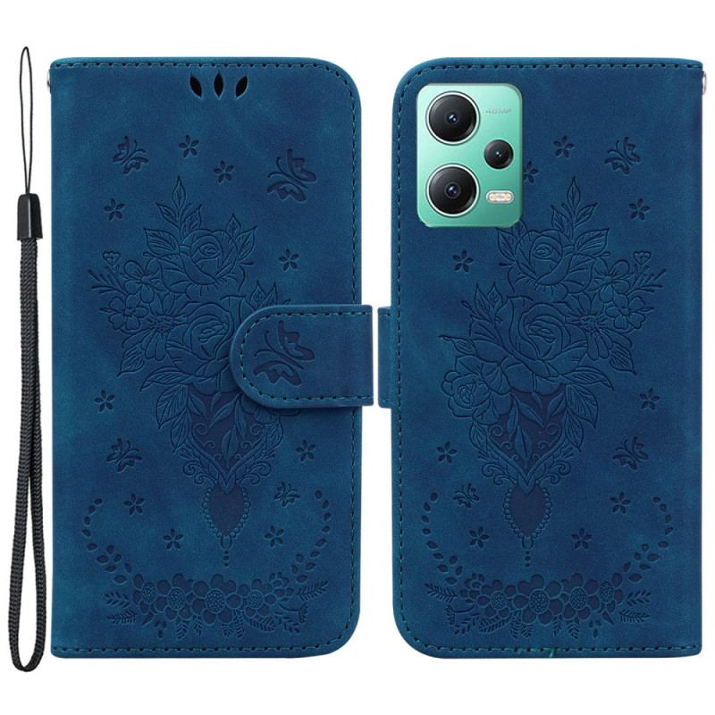 Flip Cover Xiaomi Redmi Note 12 5G Med Snor Strappy Roser Og Sommerfugle