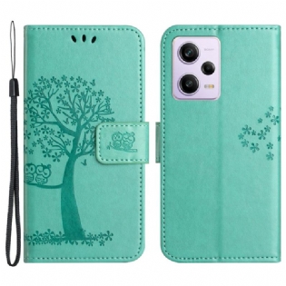 Flip Cover Xiaomi Redmi Note 12 5G Med Snor Thong Træ Og Ugler