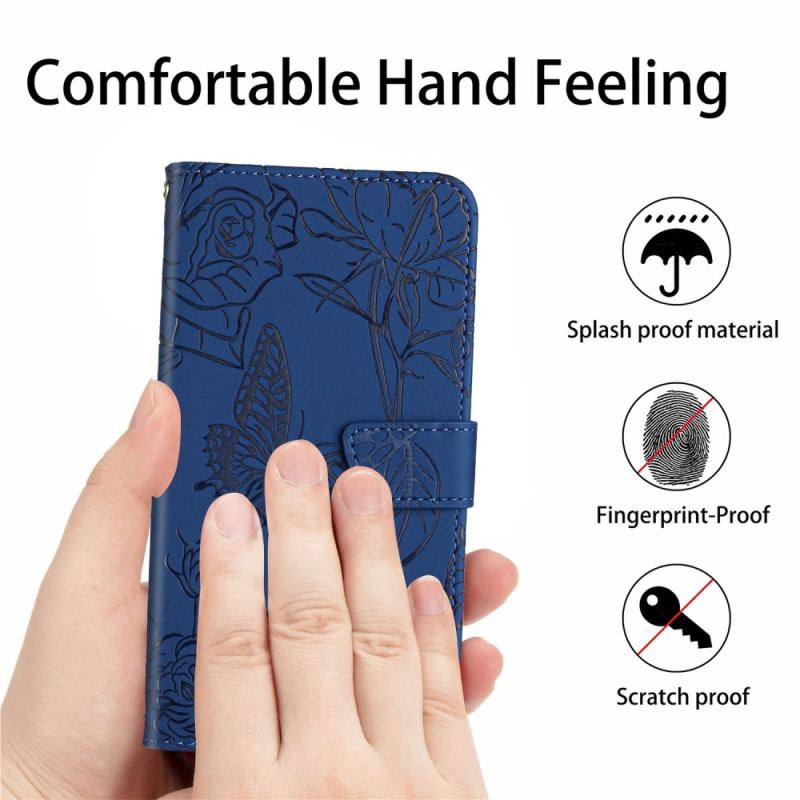 Flip Cover Xiaomi Redmi Note 12 5G Sommerfugle Og Snor