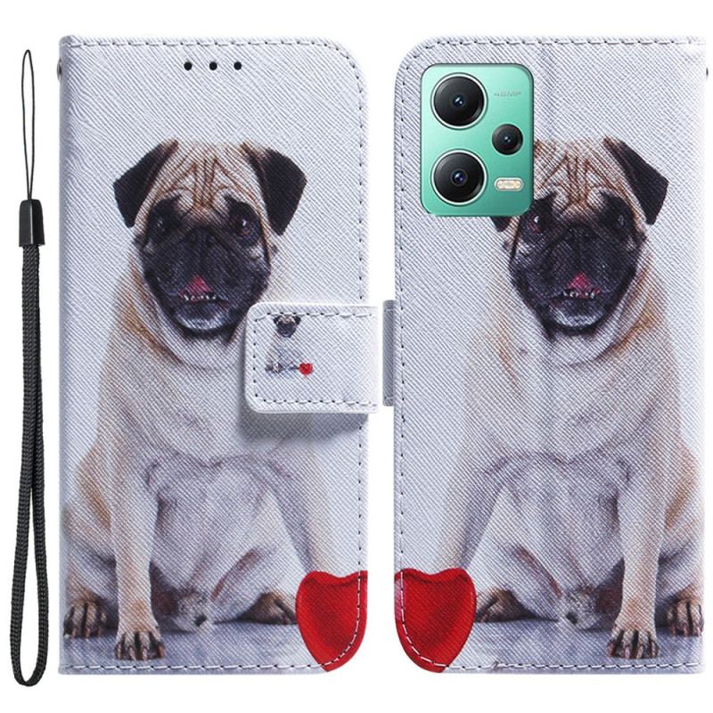 Læder Cover Xiaomi Redmi Note 12 5G Med Snor Mops Hund Med Snor