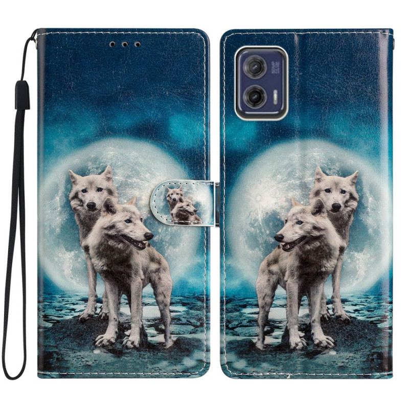 Flip Cover Moto G73 5G Med Snor Strapped Moonlit Wolves