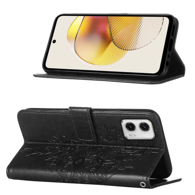 Flip Cover Moto G73 5G Med Snor Strappy Blomstersommerfugl