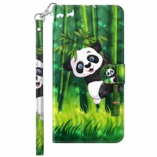 Læder Cover Moto G73 5G Med Snor Panda Og Bambus Med Snor