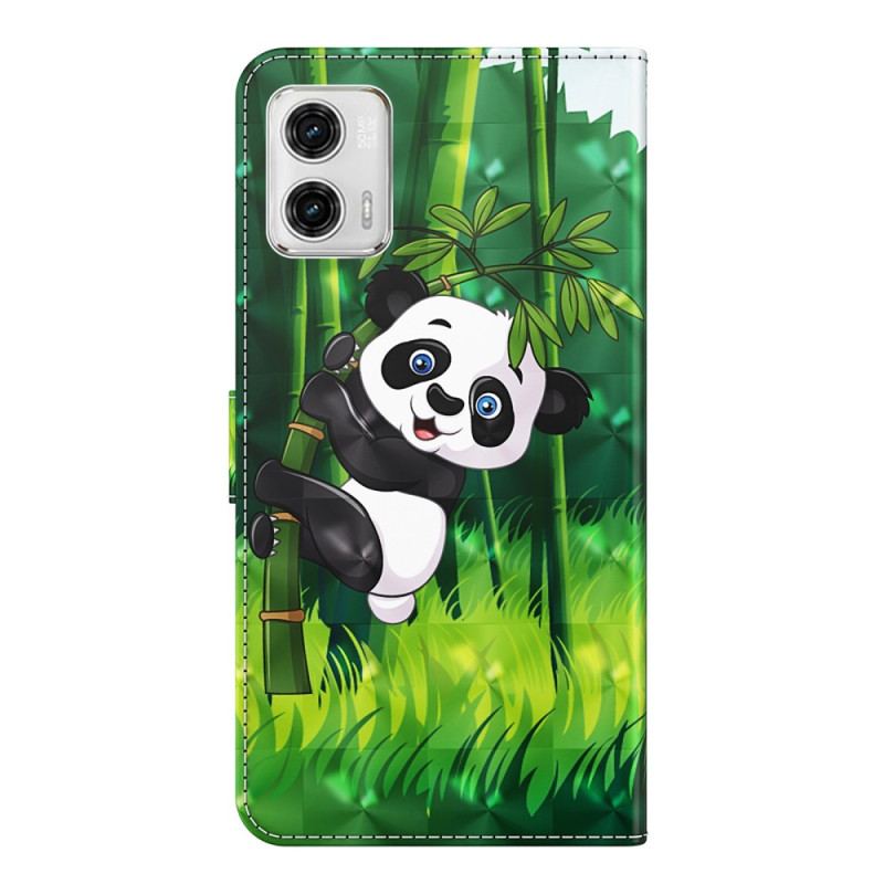 Læder Cover Moto G73 5G Med Snor Panda Og Bambus Med Snor