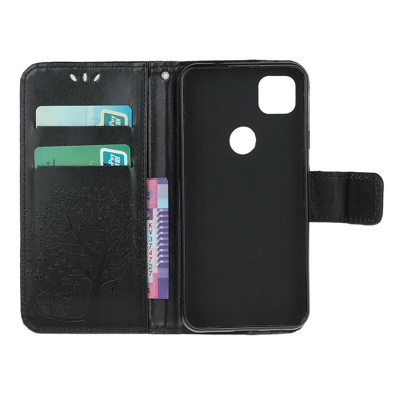 Flip Cover Google Pixel 4A Med Snor Thong Træ Og Ugler