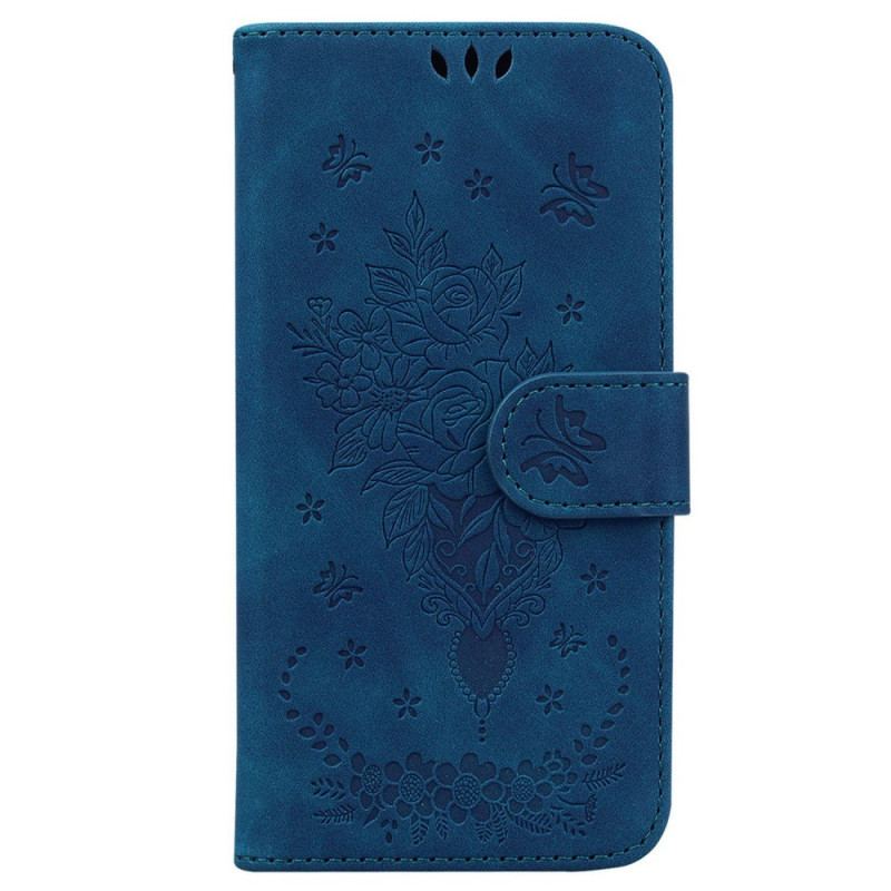 Flip Cover Samsung Galaxy M13 Med Snor Strappy Roser Og Sommerfugle