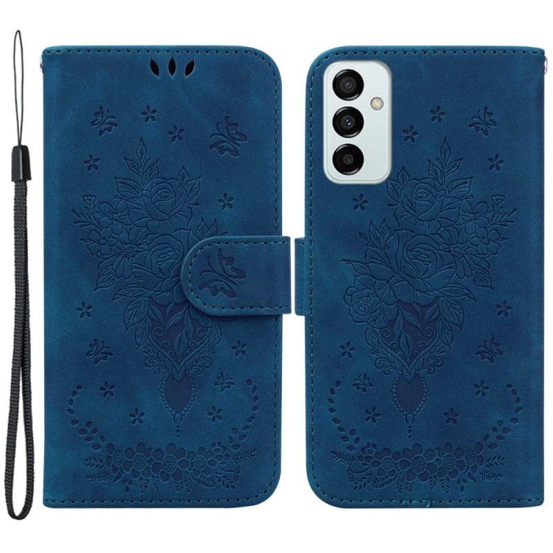 Flip Cover Samsung Galaxy M13 Med Snor Strappy Roser Og Sommerfugle