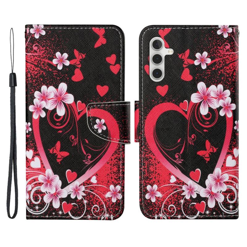 Flip Cover Samsung Galaxy A54 5G Blomster Og Hjerter Med Snor