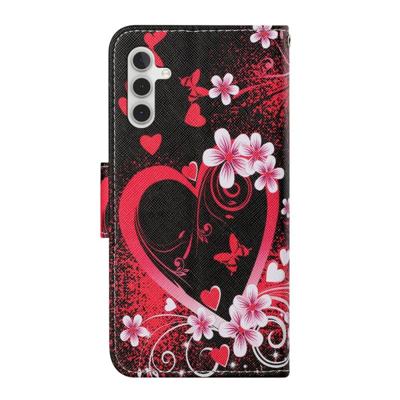 Flip Cover Samsung Galaxy A54 5G Blomster Og Hjerter Med Snor